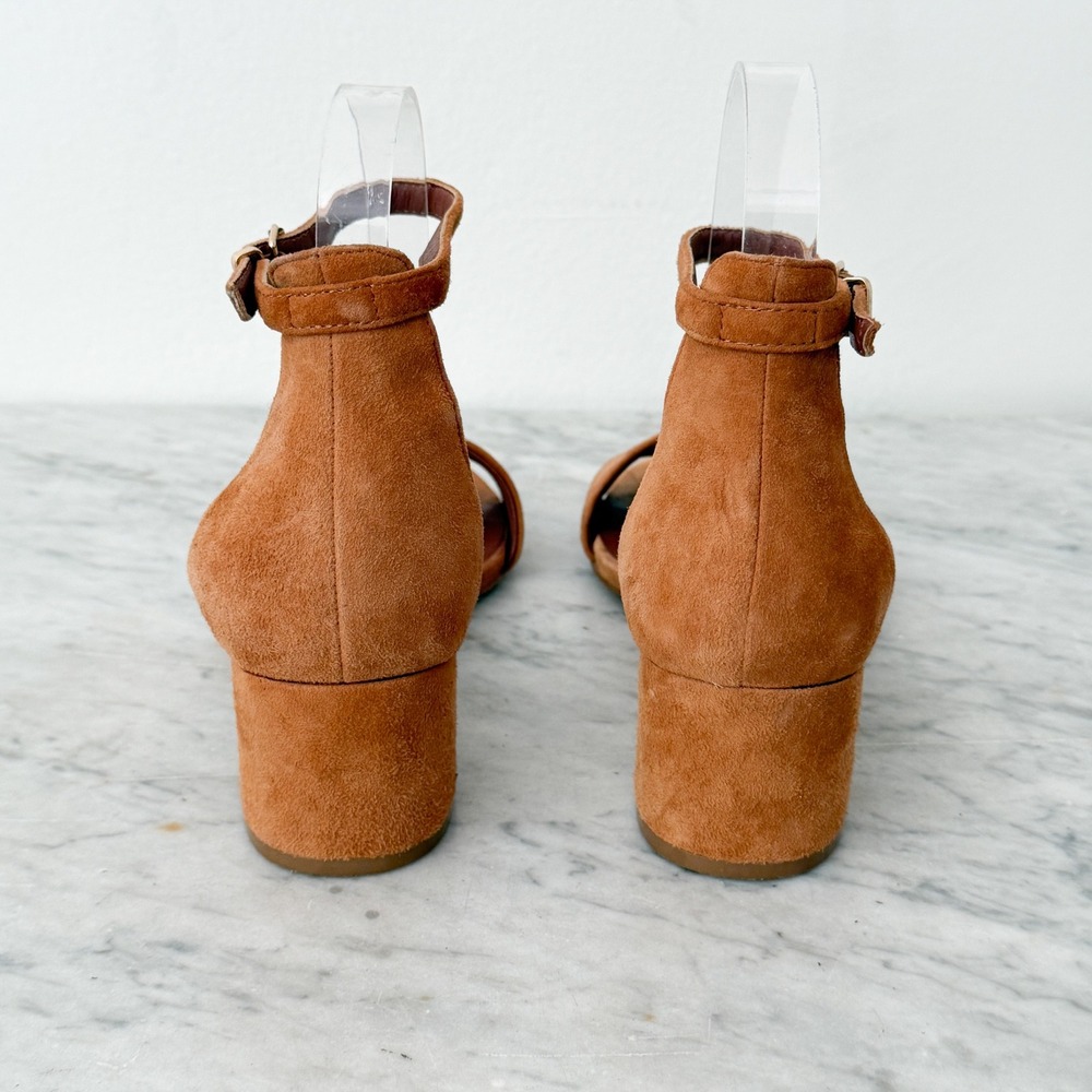 Boho Free People Marigold Suede Block Heel Sandals 38 Tan Ankle Strap Low Heel - Picture 5 of 6